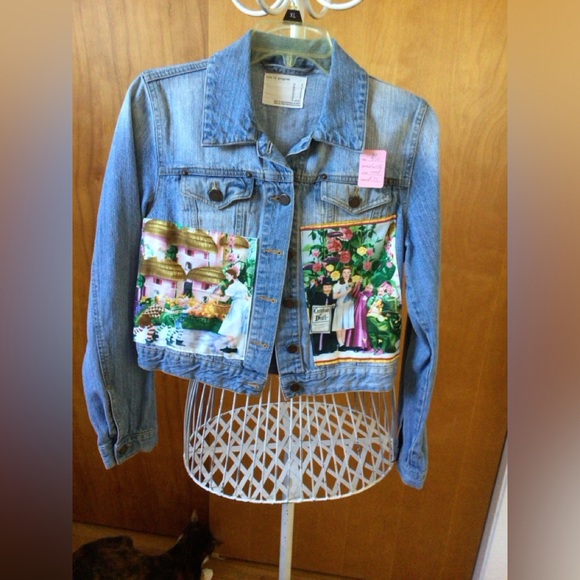 Upcycled denim jacket  decorated with vintage wizard of oz fabric - Picture 1 of 7